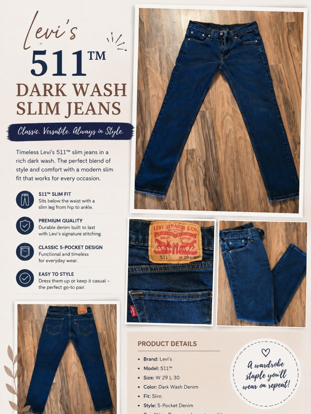 Levi's 511 Dark Wash Skinny Jeans - Deep Blue Denim